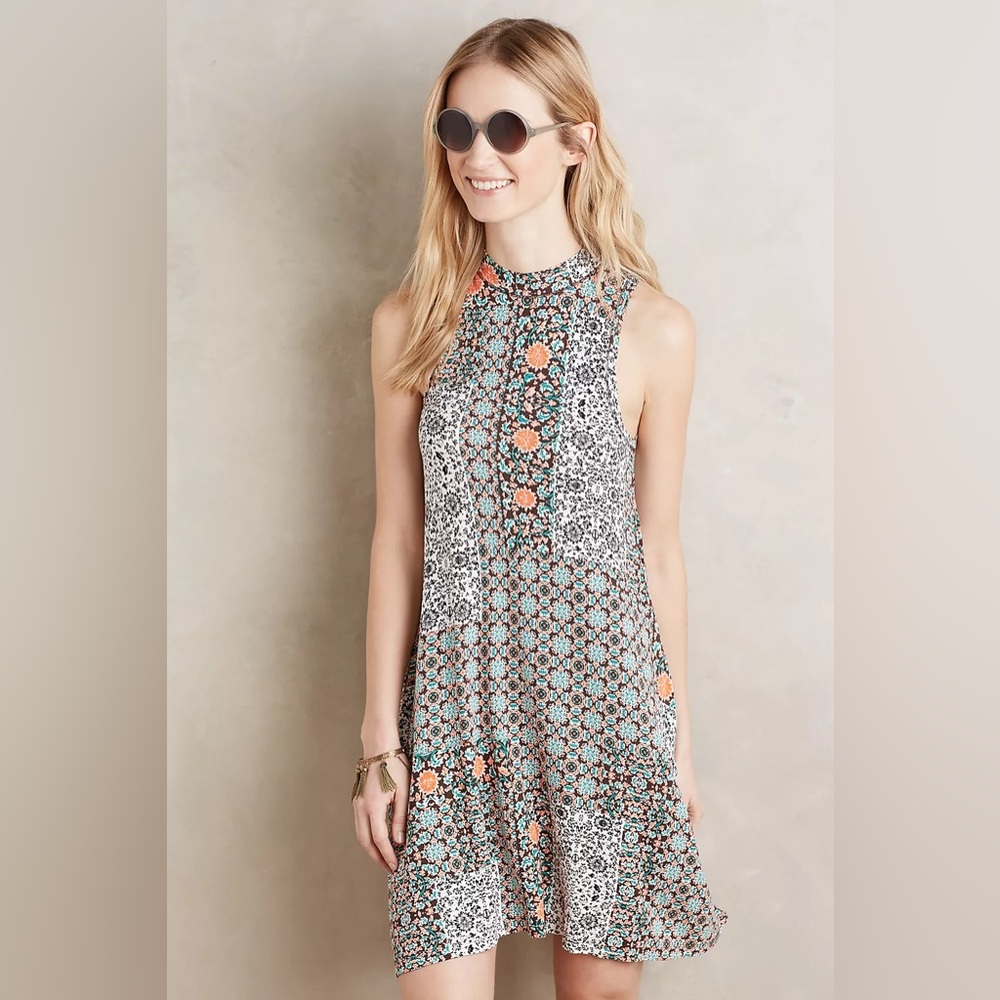 Maeve Anthropologie Lilt Sleeveless High Neck Green Orange Swing Dress Small